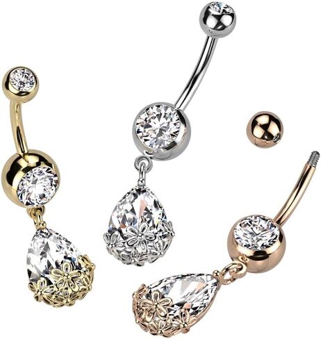 Pierced Owl 14GA Stainless Steel Floral Dangling Pear Shaped CZ Crystal Belly Button Ring in Saudi Arabia
