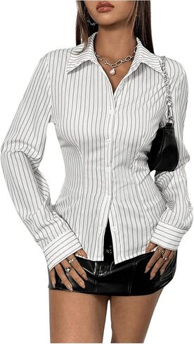 SweatyRocks Women's Striped Button Down Slim Fit Shirt Long Sleeve Collar Work Blouse Tops in Saudi Arabia