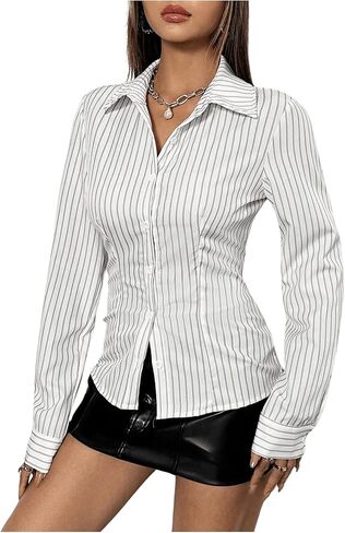 SweatyRocks Women's Striped Button Down Slim Fit Shirt Long Sleeve Collar Work Blouse Tops in Saudi Arabia