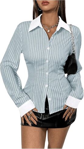 SweatyRocks Women's Striped Button Down Slim Fit Shirt Long Sleeve Collar Work Blouse Tops in Saudi Arabia