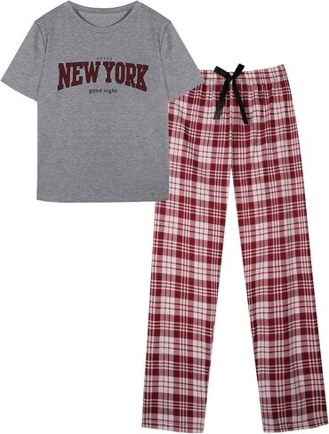 Hilinker Women Plaid Pajama Set Short Sleeve Top with Pants Sleepwear 2 Piece Lounge Sets in Saudi Arabia