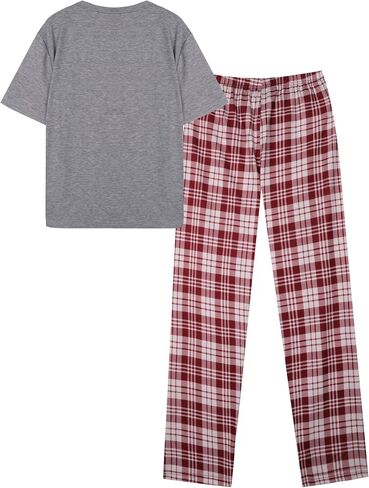 Hilinker Women Plaid Pajama Set Short Sleeve Top with Pants Sleepwear 2 Piece Lounge Sets in Saudi Arabia