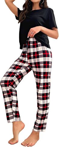Hilinker Women Plaid Pajama Set Short Sleeve Top with Pants Sleepwear 2 Piece Lounge Sets in Saudi Arabia