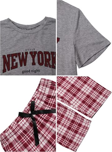 Hilinker Women Plaid Pajama Set Short Sleeve Top with Pants Sleepwear 2 Piece Lounge Sets in Saudi Arabia