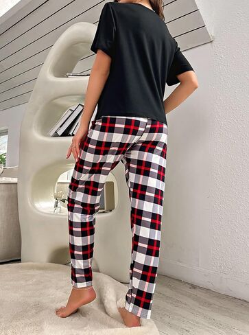 Hilinker Women Plaid Pajama Set Short Sleeve Top with Pants Sleepwear 2 Piece Lounge Sets in Saudi Arabia