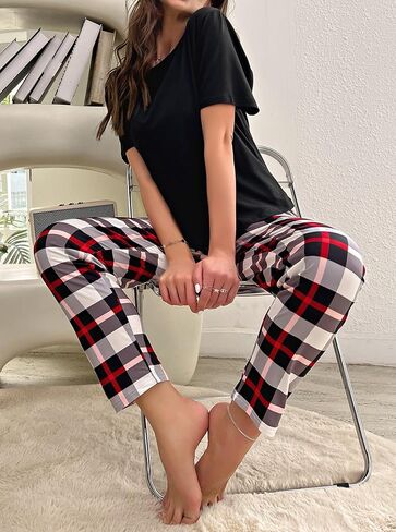Hilinker Women Plaid Pajama Set Short Sleeve Top with Pants Sleepwear 2 Piece Lounge Sets in Saudi Arabia