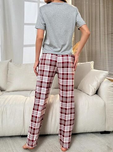 Hilinker Women Plaid Pajama Set Short Sleeve Top with Pants Sleepwear 2 Piece Lounge Sets in Saudi Arabia