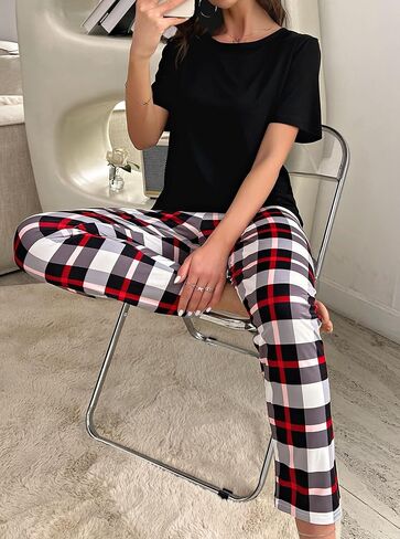 Hilinker Women Plaid Pajama Set Short Sleeve Top with Pants Sleepwear 2 Piece Lounge Sets in Saudi Arabia