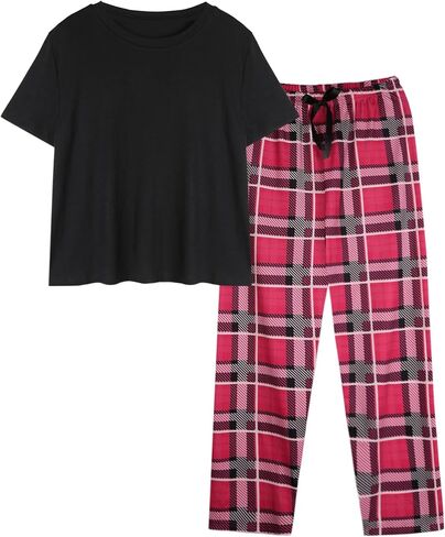 Hilinker Women Plaid Pajama Set Short Sleeve Top with Pants Sleepwear 2 Piece Lounge Sets in Saudi Arabia