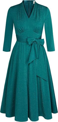 Belle Poque Women's Vintage Glitter Cocktail Dress Ruched V-Neck 3/4 Sleeve Tie Waist A-line Swing Wedding Guest Dress in Saudi Arabia