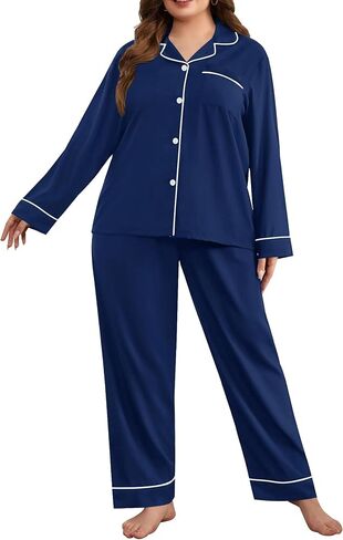 SWOMOG Women's Plus Size Pajamas Set Long Sleeve Sleepwear Button Down Tops Soft Pajama Pants 2 Pcs Lounge Sets with Pocket in Kuwait