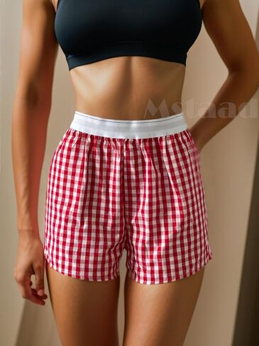 Women's Boxer Shorts Y2k Pajama Casual Mid-Rise Shorts Comfortable Casual Shorts Women's Plaid Home Shorts in Saudi Arabia