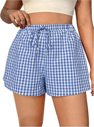 MakeMeChic Women's Plus Size Y2K Boxer Shorts Plaid Elastic Waist Drawstring Wide Leg Pajama Lounge Shorts in Saudi Arabia