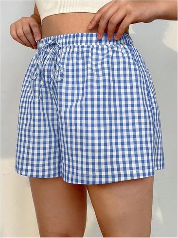 MakeMeChic Women's Plus Size Y2K Boxer Shorts Plaid Elastic Waist Drawstring Wide Leg Pajama Lounge Shorts in Saudi Arabia