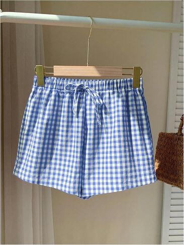 MakeMeChic Women's Plus Size Y2K Boxer Shorts Plaid Elastic Waist Drawstring Wide Leg Pajama Lounge Shorts in Saudi Arabia
