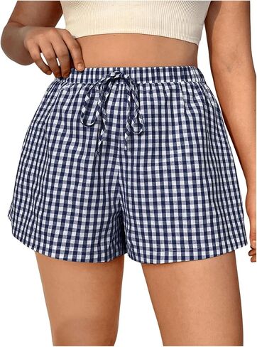 MakeMeChic Women's Plus Size Y2K Boxer Shorts Plaid Elastic Waist Drawstring Wide Leg Pajama Lounge Shorts in Saudi Arabia