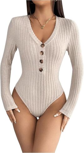 Milumia Women's Petite Rib Knit Button Front T-Shirts V Neck Long Sleeve Tee Bodysuits in Saudi Arabia