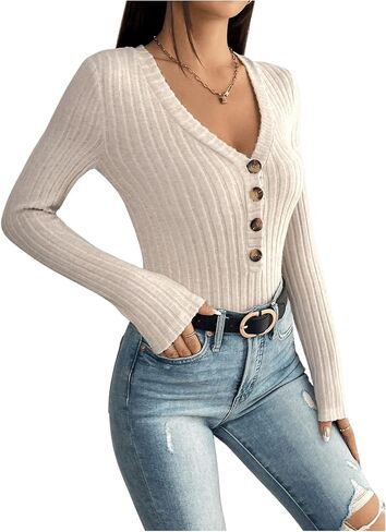 Milumia Women's Petite Rib Knit Button Front T-Shirts V Neck Long Sleeve Tee Bodysuits in Saudi Arabia