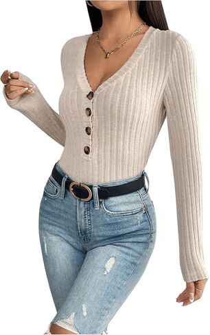 Milumia Women's Petite Rib Knit Button Front T-Shirts V Neck Long Sleeve Tee Bodysuits in Saudi Arabia