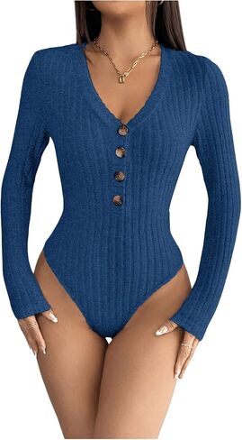 Milumia Women's Petite Rib Knit Button Front T-Shirts V Neck Long Sleeve Tee Bodysuits in Saudi Arabia