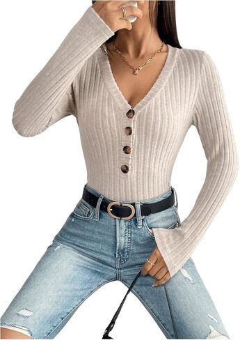Milumia Women's Petite Rib Knit Button Front T-Shirts V Neck Long Sleeve Tee Bodysuits in Saudi Arabia
