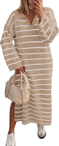 MEROKEETY Women's 2024 Long Sleeve Striped Sweater Dress V Neck Collared Slit Casual Knit Maxi Dresses in Saudi Arabia