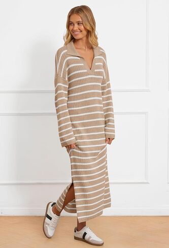 MEROKEETY Women's 2024 Long Sleeve Striped Sweater Dress V Neck Collared Slit Casual Knit Maxi Dresses in Saudi Arabia
