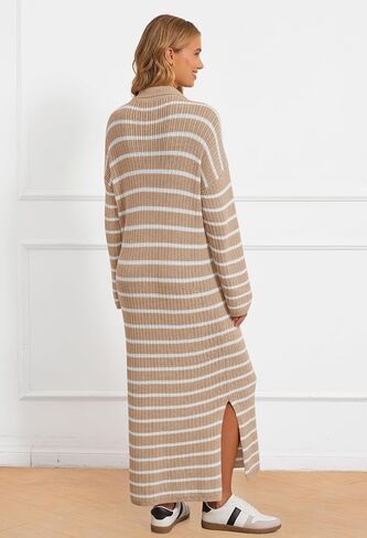 MEROKEETY Women's 2024 Long Sleeve Striped Sweater Dress V Neck Collared Slit Casual Knit Maxi Dresses in Saudi Arabia