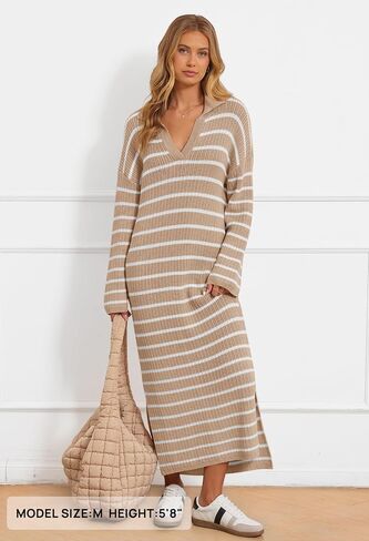 MEROKEETY Women's 2024 Long Sleeve Striped Sweater Dress V Neck Collared Slit Casual Knit Maxi Dresses in Saudi Arabia