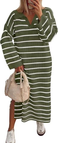 MEROKEETY Women's 2024 Long Sleeve Striped Sweater Dress V Neck Collared Slit Casual Knit Maxi Dresses in Saudi Arabia