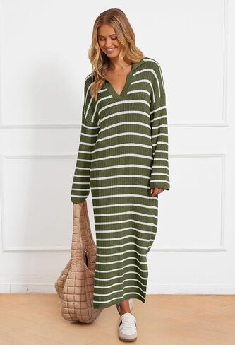 MEROKEETY Women's 2024 Long Sleeve Striped Sweater Dress V Neck Collared Slit Casual Knit Maxi Dresses in Saudi Arabia