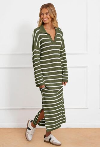 MEROKEETY Women's 2024 Long Sleeve Striped Sweater Dress V Neck Collared Slit Casual Knit Maxi Dresses in Saudi Arabia