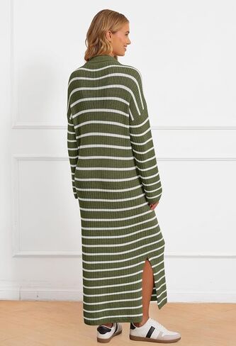 MEROKEETY Women's 2024 Long Sleeve Striped Sweater Dress V Neck Collared Slit Casual Knit Maxi Dresses in Saudi Arabia
