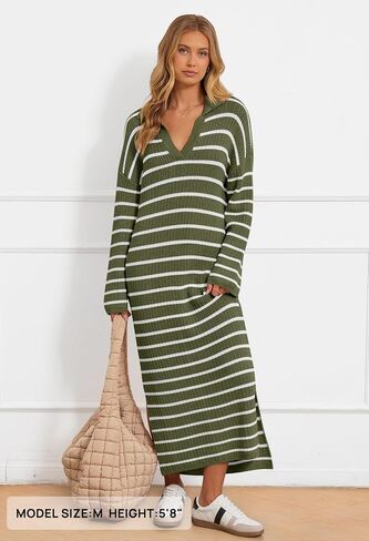MEROKEETY Women's 2024 Long Sleeve Striped Sweater Dress V Neck Collared Slit Casual Knit Maxi Dresses in Saudi Arabia