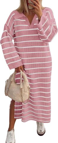MEROKEETY Women's 2024 Long Sleeve Striped Sweater Dress V Neck Collared Slit Casual Knit Maxi Dresses in Saudi Arabia