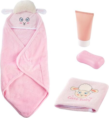 4 PCS Swaddle Blanket Wrap Set, Bath Towel Sheep Pattern with Hand Towel, Soap and Facial Cleanser for 17-22 Inch Baby Doll Boys Girls Reborn Baby Dolls Sleeping Blanket, Pink in Saudi Arabia