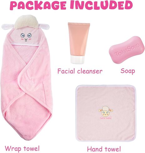 4 PCS Swaddle Blanket Wrap Set, Bath Towel Sheep Pattern with Hand Towel, Soap and Facial Cleanser for 17-22 Inch Baby Doll Boys Girls Reborn Baby Dolls Sleeping Blanket, Pink in Saudi Arabia