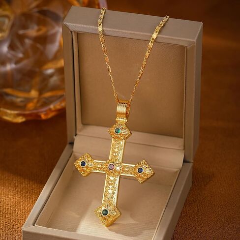 Elegant Gold Cross Necklace with Detailed Filigree Design - Lightweight Religious Jewelry with a Classic Touch - adjustable 66cm Chain in Saudi Arabia