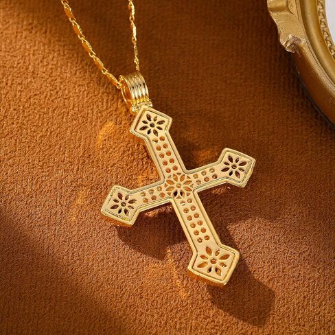 Elegant Gold Cross Necklace with Detailed Filigree Design - Lightweight Religious Jewelry with a Classic Touch - adjustable 66cm Chain in Saudi Arabia