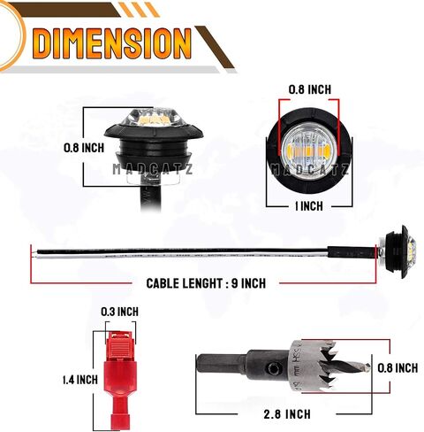 MADCATZ 3/4 بوصة عدسات شفافة مستديرة كهرماني 3 مصابيح LED للعلامات الجانبية + 100 زوج من موصل سلك T-Tap معزول ذكر ذاتي التجريد سريع لشاحنة المقطورة 12 فولت تيار مستمر in Saudi Arabia