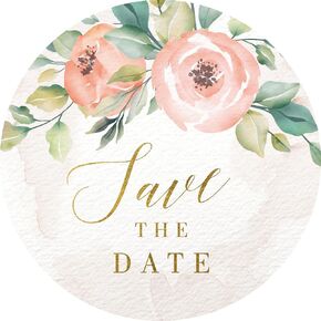 Mobiusea Creation Blush Pink Floral Watercolor Save The Date Stickers Wedding Invitation Stickers | 1.4 inch | Gold Foil | 108pcs Waterproof Wedding Envelope Stickers
