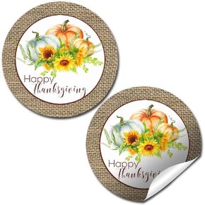 Watercolor Pumpkins and Sunflowers Thanksgiving Thank You Sticker Labels, 40 2" Party Circle Stickers by AmandaCreation, Great for Party Favors, Envelope Seals & Goodie Bags