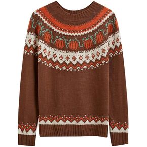CHICWISH Women Pumpkin Print Long Sleeves Knit Sweater Crewneck Casual Pullover Tops Fall Halloween Party Sweatershirt