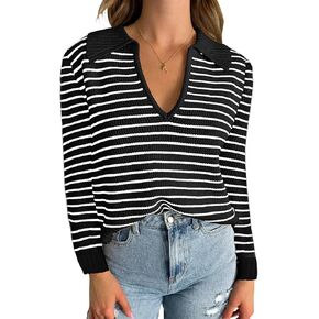 GEMLON Womens Striped Sweaters Long Sleeve Polo V Neck Fall Winter Sweater Knit Shirts Pullover Jumper Tops