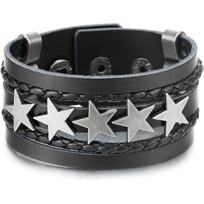 COOLSTEELANDBEYOND Large Leather Bracelet Black Wide Leather Wristband Bangle Bracelet with Stars, Mens Women, Punk