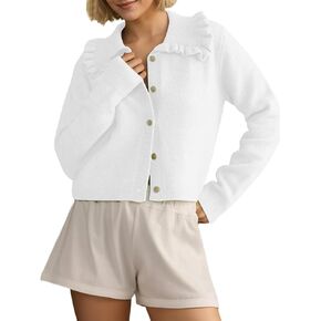MISSACTIVER Women Ruffle Collar Cropped Cardigan Casual Lapel Button Down Sweaters Long Sleeve Open Front Knit Jacket