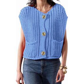 Women's Fashionable Sleeveless Short Knitted Sweater Vest Button Cardigan with Pockets