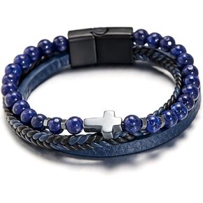 Cross Leather Bracelet for Men, Multi-Layer Braided Natural Stone Tiger Eye Obsidian Alabaster Lazurite Beads Women Cuff with Alloy Clasp Anniversary Birthday Christmas Jewelry Gifts for Him
