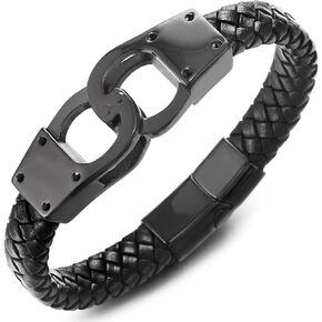 COOLSTEELANDBEYOND Mens Braided Leather Bangle Bracelet, Stainless Steel Black Handcuffs Centerpiece, Edgy Style