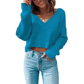 Poetsky Womens V Neck Waffle Knit Cropped Top Long Sleeve Pullover Sweater Casual Crop Shirts